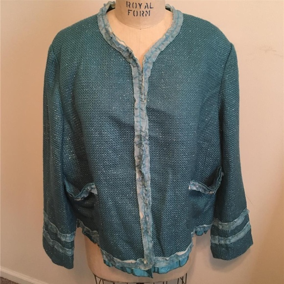 Aqua Blue & Silver Ruffle Trimmed Jacket - Picture 1 of 8